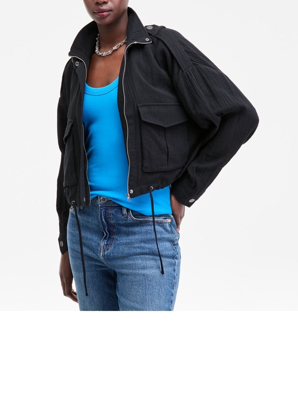 Black Cropped Bomber Jacket with Utility Pockets - Women